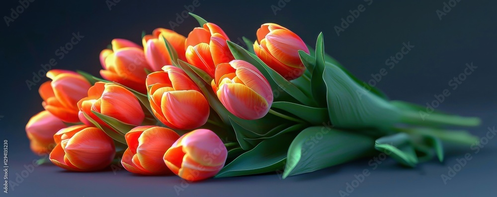 Obraz premium Beautiful tulips in a floral bouquet lie on a white background in stunning top view for the holiday greeting or birthday gift.