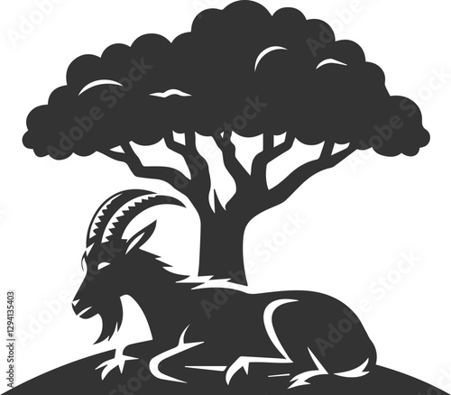 Goat dozing off under a tree animal vector silhouette