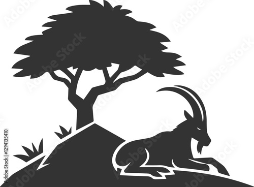 Goat dozing off under a tree animal vector silhouette