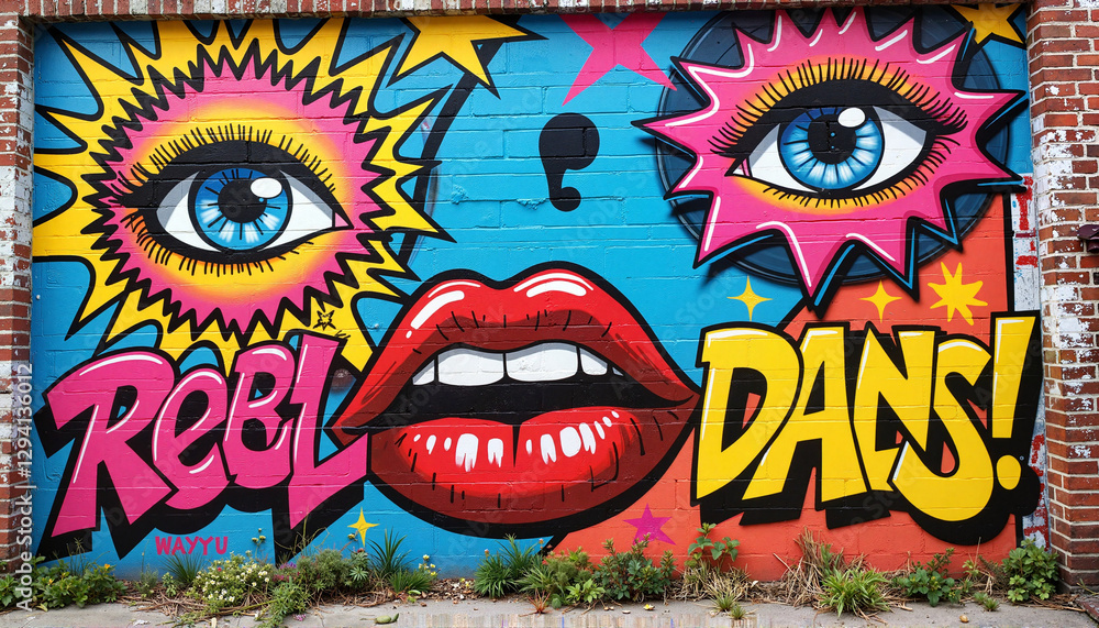 Fototapeta premium Vibrant graffiti pop art with oversized eyes and lips, urban expression