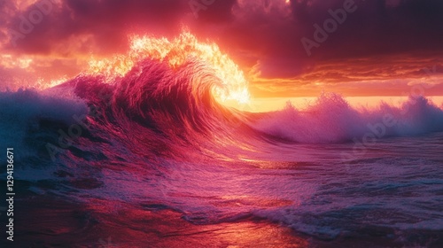 A wave in the ocean with a sunset in the background