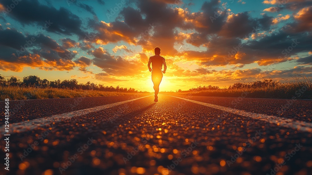 Man running on rural road at sunset with colorful sky Man running on rural road at sunset with colorful sky