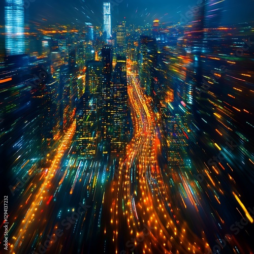 An aerial view showcases a bustling city lights panorama at night