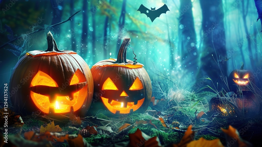 Fototapeta premium Enchanted Halloween Magic Forest at Night, Spooky Dark Woods with Glowing Pumpkins, Witchy Moonlit Scene, Mystical Background for Party Invitations, Digital Art