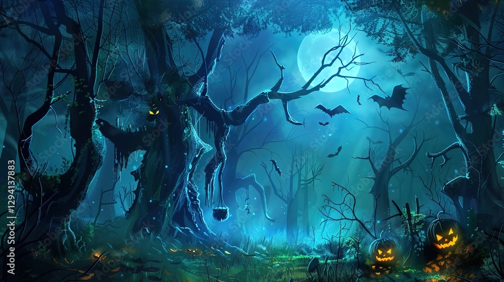 Fototapeta premium Enchanted Halloween Magic Forest at Night, Spooky Dark Woods with Glowing Pumpkins, Witchy Moonlit Scene, Mystical Background for Party Invitations, Digital Art