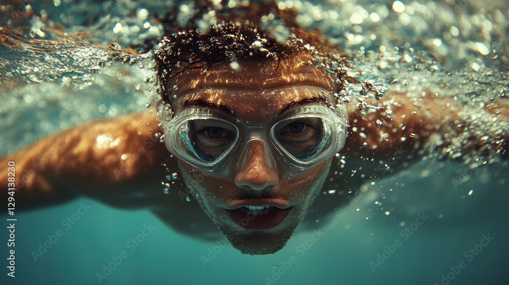 Naklejka premium Man swimming underwater with goggles in ocean