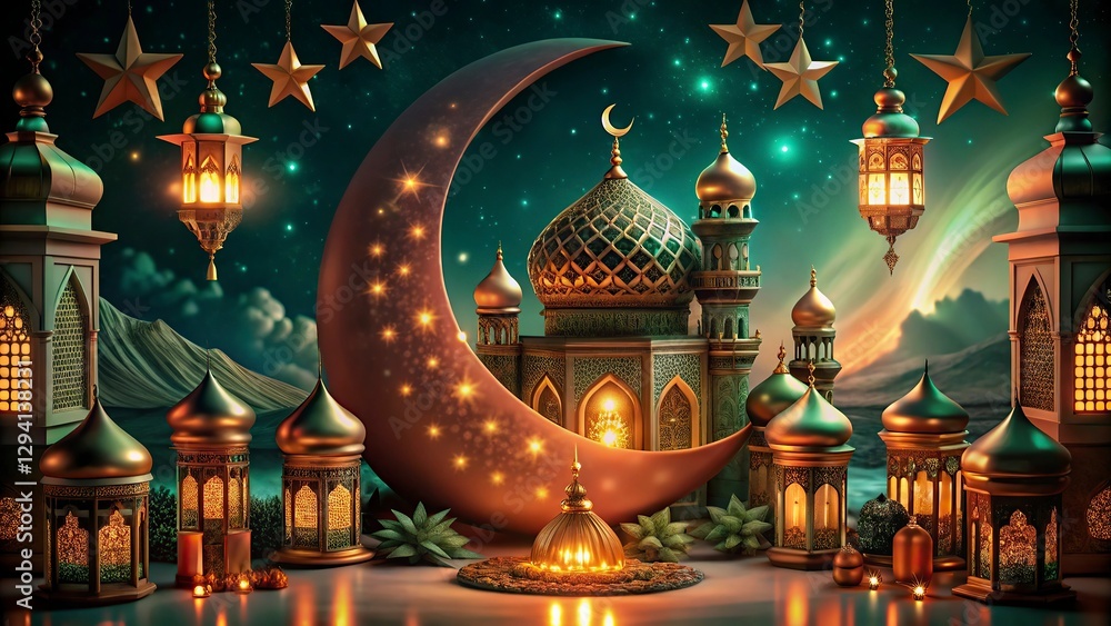 Obraz premium Ramadan Kareem background with mosque and arabic lanterns new background