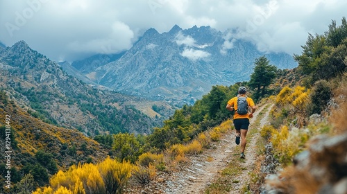 Man trail running mountain path, valley view, cloudy sky