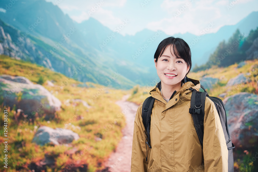 山登りを楽しむ若い女性 山登りを楽しむ若い女性