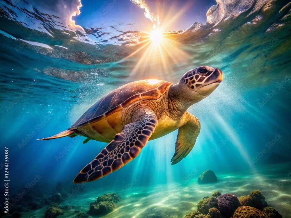 Obraz premium Majestic Loggerhead Sea Turtle Swimming in Ocean - Underwater Wildlife Stock Photo