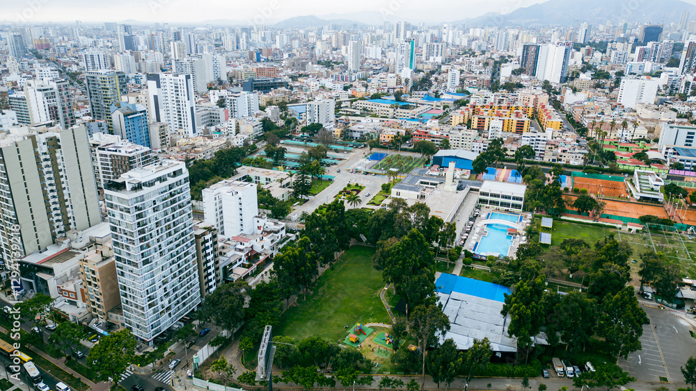 Fototapeta premium Aerial view of Jesús María district in Lima, a dense urban area