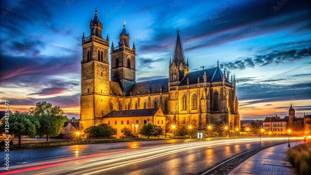 Obraz premium Majestic Magdeburg Cathedral at Night - Illuminated Gothic Architecture