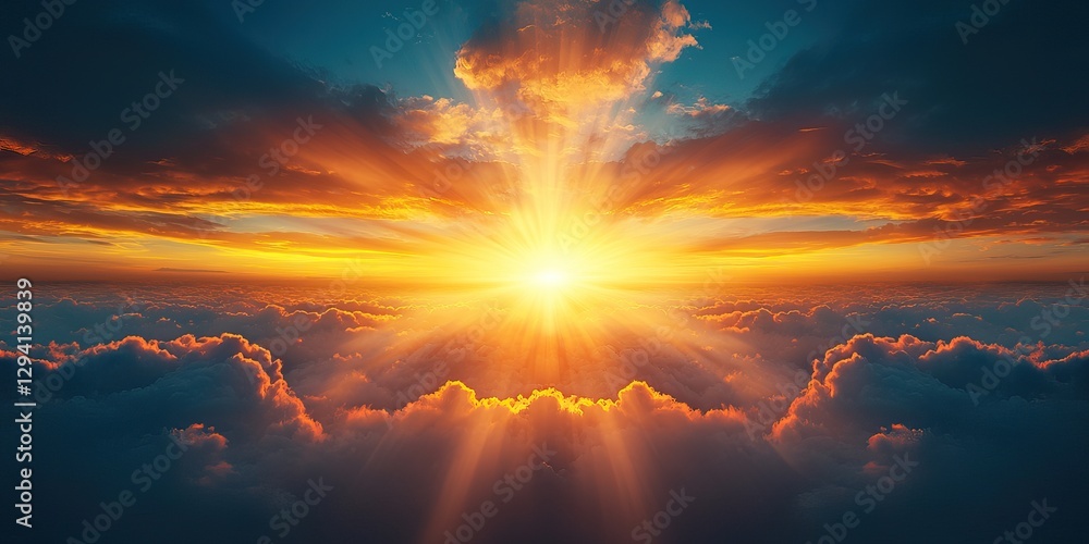 Fototapeta premium Vibrant sunset over fluffy clouds, sun rays breaking through.