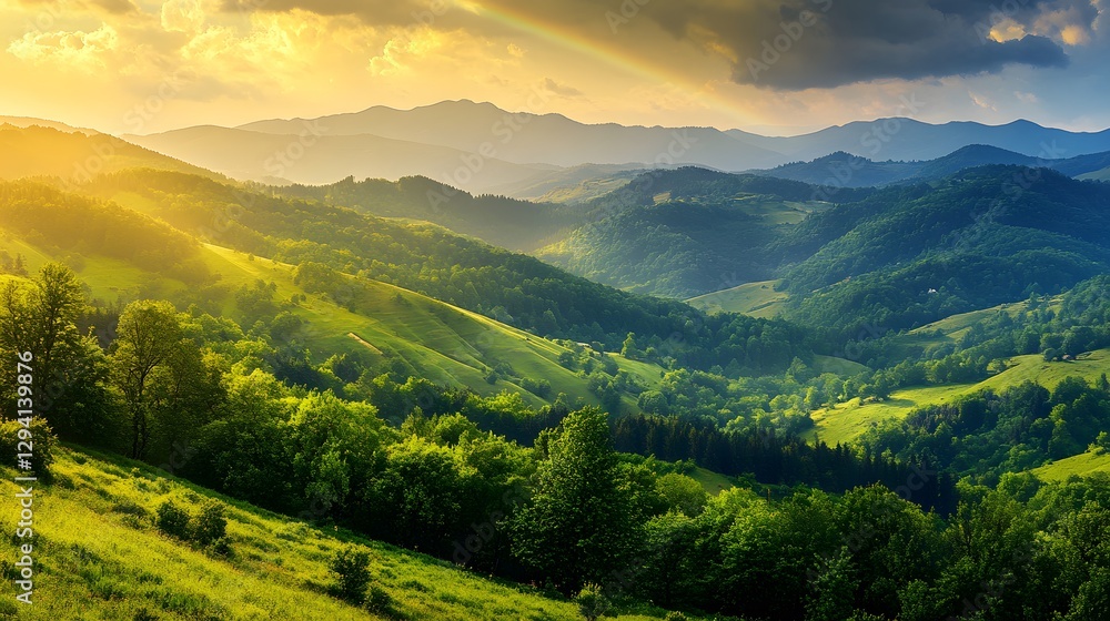 Obraz premium Majestic Sunrise Over Rolling Green Hills and Lush Mountain Landscape