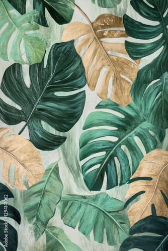 Wallpaper Mural Tropical leaf pattern background with green and gold monstera leaves for home decor, interior design, wallpaper, fabric, and botanical illustration. Torontodigital.ca