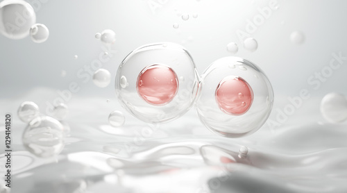 3D illustration of skincare stem cells suspended in a transparent serum droplet, representing cell regeneration and anti-aging. Perfect for beauty, skincare, and biotech concepts.