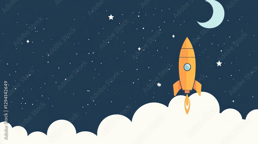 Rocket launching above clouds at night, starry sky background, ideal for innovation concepts Rocket launching above clouds at night, starry sky background, ideal for innovation concepts