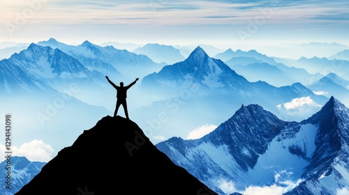 Silhouette of a victorious man standing on a mountain peak with arms raised, symbolizing success, achievement, leadership, and personal growth in a business and motivational concept.