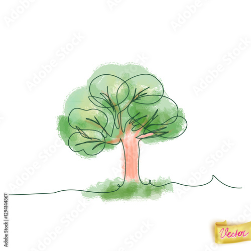 Lush green tree made in watercolour style on white background