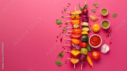 Creative flat lay of roasted vegetable skewers