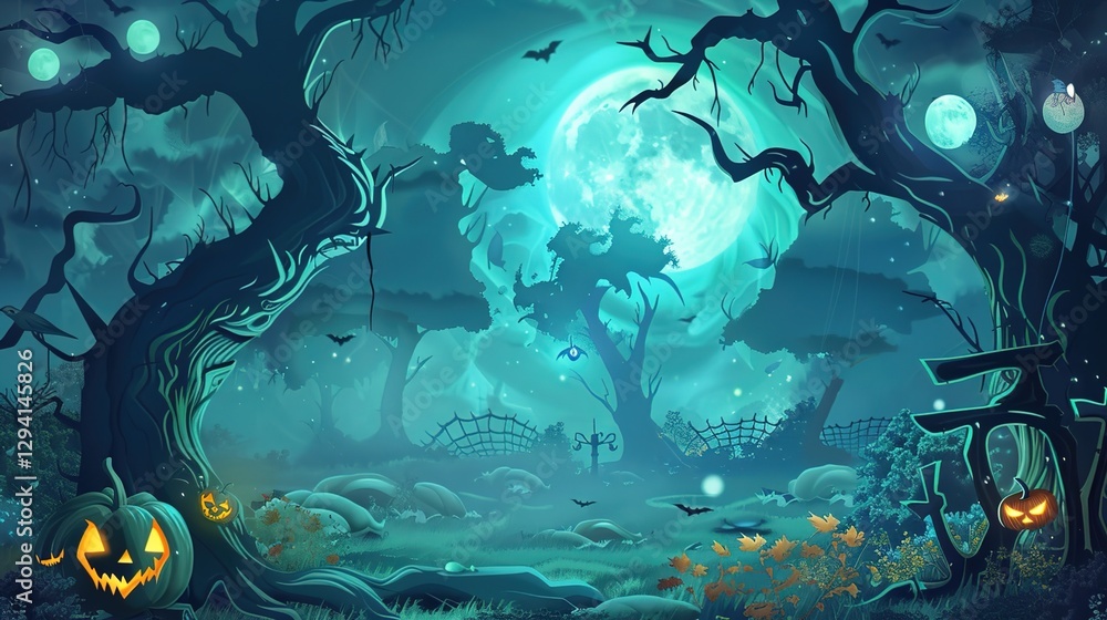 Obraz premium Enchanted Halloween Magic Forest at Night, Spooky Dark Woods with Glowing Pumpkins, Witchy Moonlit Scene, Mystical Background for Party Invitations, Digital Art