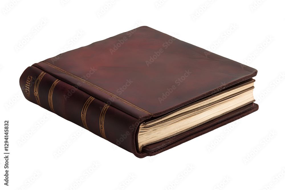 A worn maroon leather-bound book with gold lettering on the spine, open to a random page, isolated on white background A worn maroon leather-bound book with gold lettering on the spine, open to a random page, isolated on white background