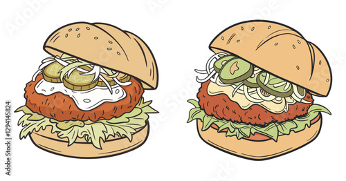 Double Burger Delight: A vibrant, appetizing illustration of two tempting burgers, filled with fresh lettuce, pickles, onions, and a creamy sauce, artfully composed on a soft bun.