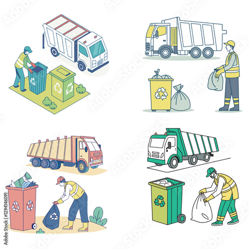 Trash utility, disposal, and recycling concept set Vector illustration—waste collector worker, recycling trash bin, and garbage truck collection.