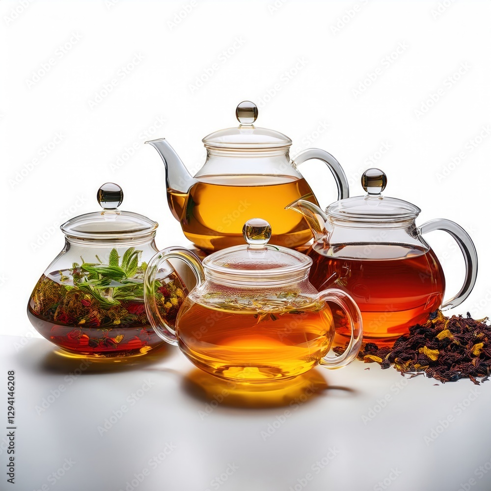 Various glass teapots filled with herbal tea Various glass teapots filled with herbal tea