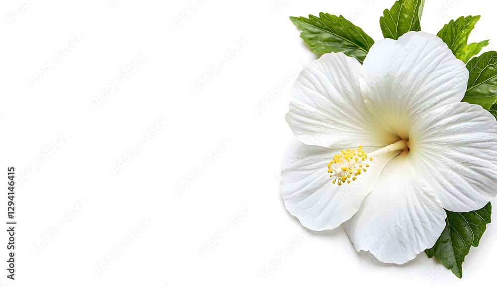 Obraz premium Delicate White Hibiscus Flower with Green Leaves on White Background