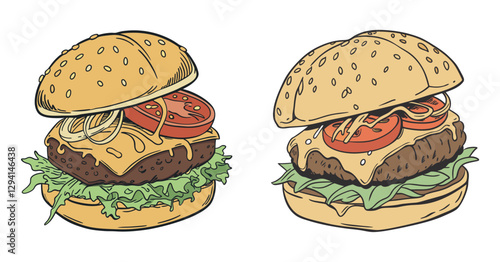 Delicious Burger Duo: A mouthwatering pair of burgers, showcasing the artistry of culinary delight, with juicy patties, fresh toppings, and a golden-brown bun.
