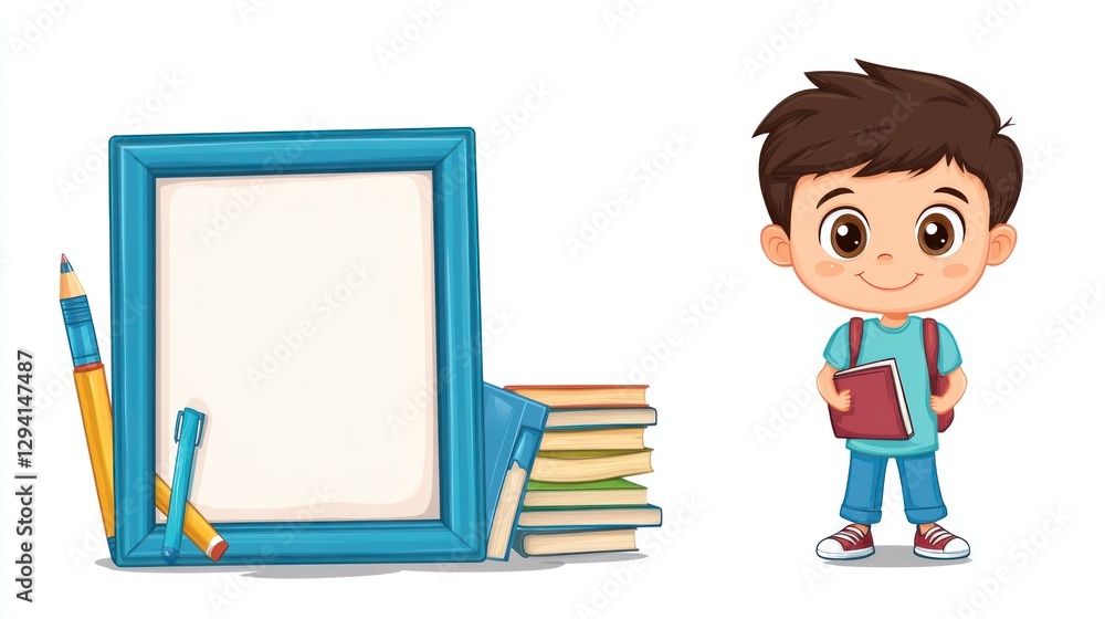 Cute boy with books going to study in school with frame for text in the background Cute boy with books going to study in school with frame for text in the background