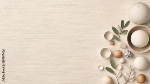 A minimalist arrangement of objects on a light beige wooden surface. photo