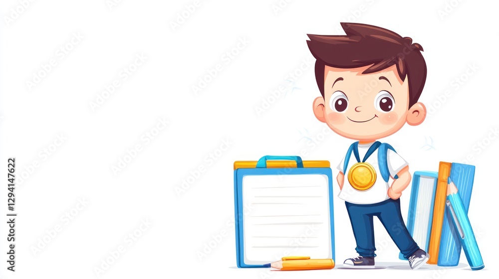Boy with medal, school supplies. Education, achievement concept Boy with medal, school supplies. Education, achievement concept