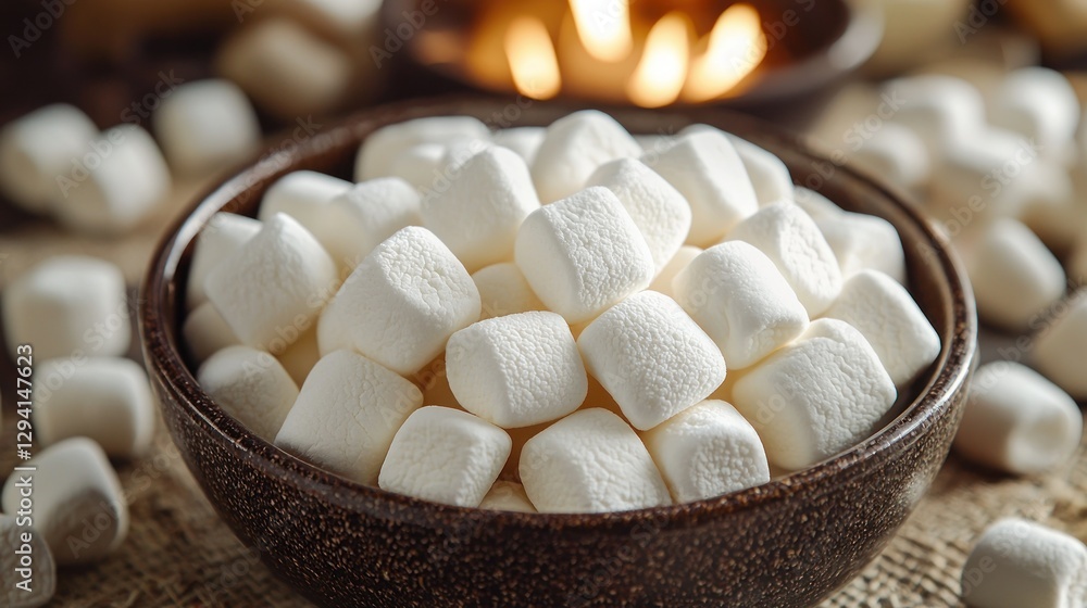 Marshmallows in bowl, warm candlelight background Marshmallows in bowl, warm candlelight background