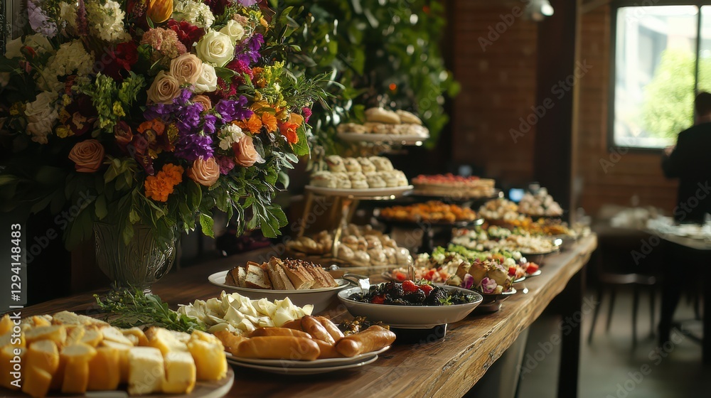 Fototapeta premium Long Banquet Table with Food and Flowers