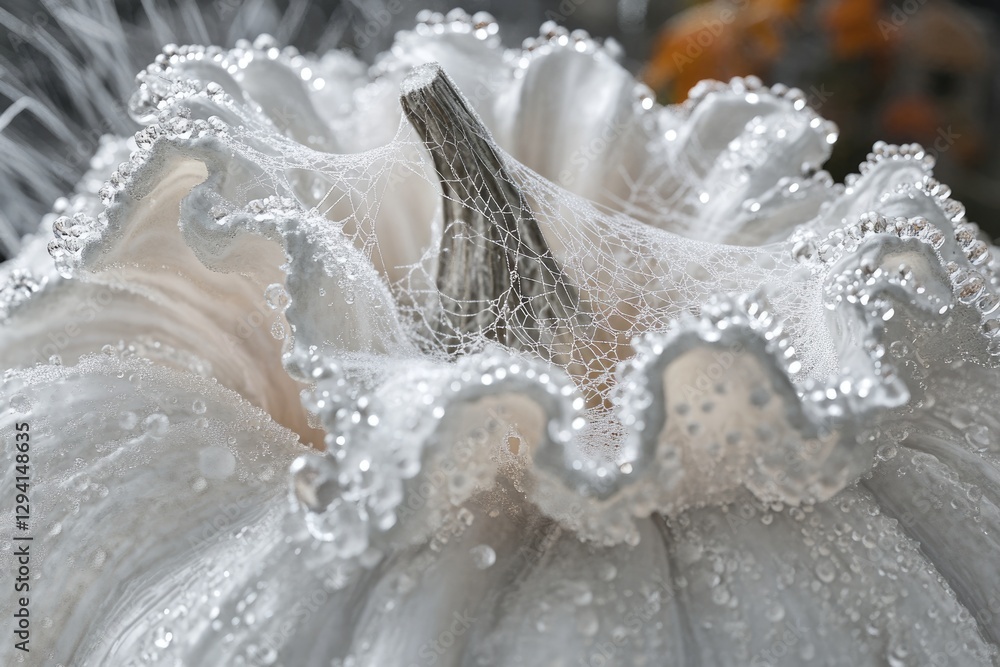 Dew-kissed white gourd with intricate spiderweb, showcasing nature's delicate beauty. Dew-kissed white gourd with intricate spiderweb, showcasing nature's delicate beauty.