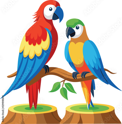 Male and Female Eclectus Parrots perching in front of white background vector art illustration