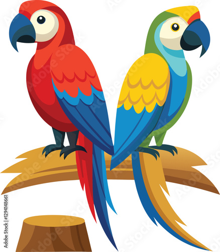 Male and Female Eclectus Parrots perching in front of white background vector art illustration
