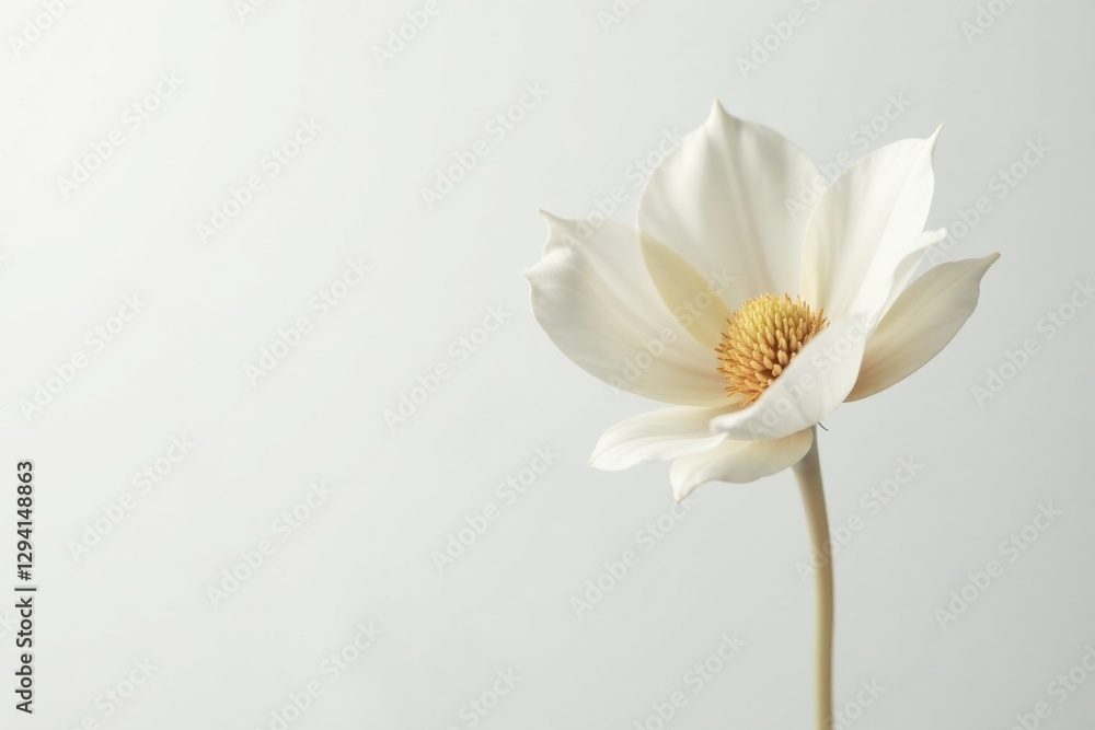 Obraz premium A solitary, delicate white blossom with a subtle yellow center, elegantly poised against a minimalist, light grey backdrop, evokes a sense of serene simplicity and natural beauty.