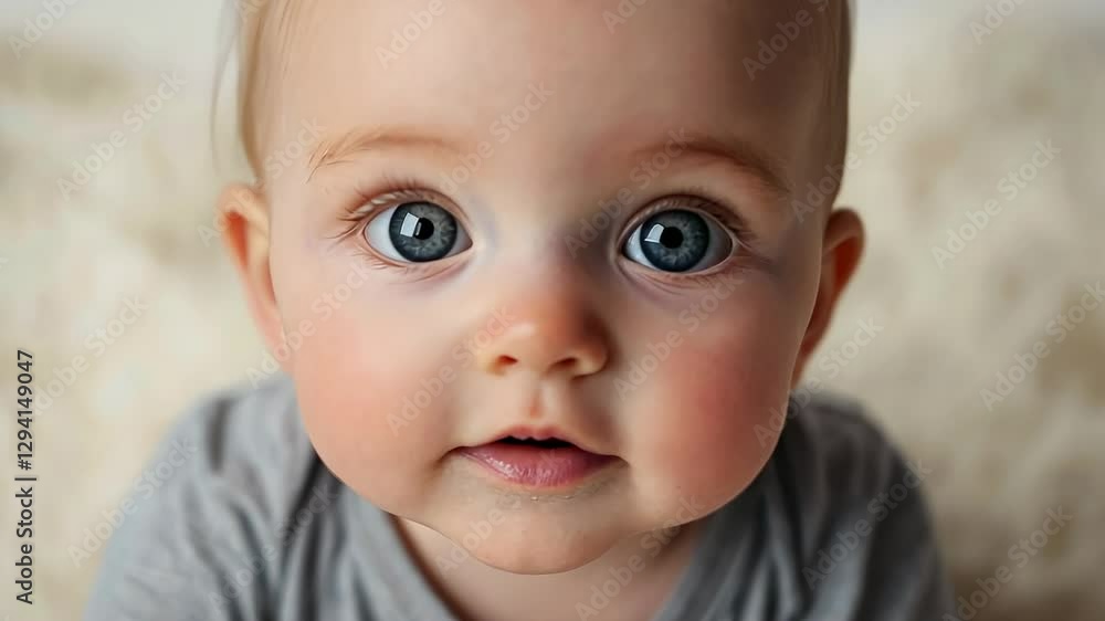 Close-up portrait of cute baby with focus on big blue clear eyes on white background Close-up portrait of cute baby with focus on big blue clear eyes on white background