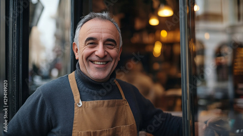 Welcoming cafe owner greets customers at the entrance of a cozy local establishment in the afternoon