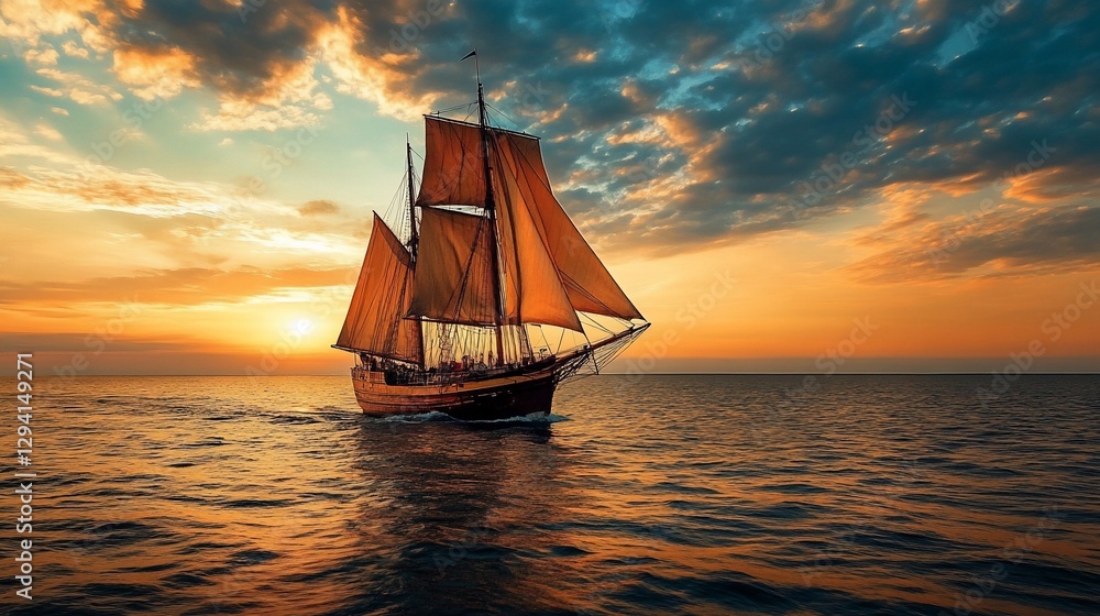 Majestic sailing ship at sunset on calm ocean. Majestic sailing ship at sunset on calm ocean.