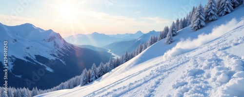 Expertly groomed ski slope descending towards valley , white, action