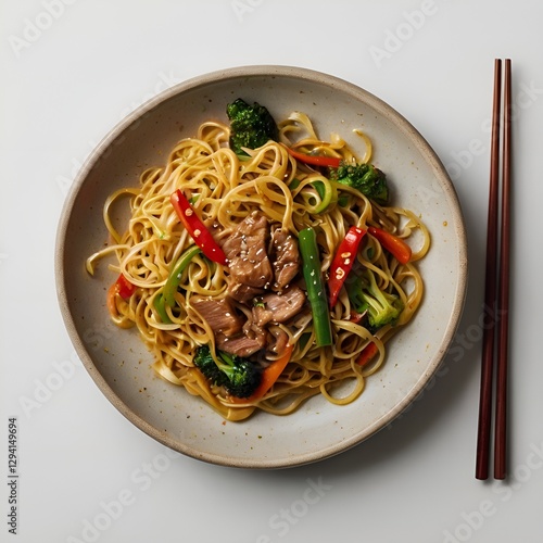 Stir fried noodles with vegetables Isolated on clean white Surface.