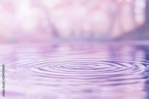 Serene ripples spreading on a lavender-hued still water surface, reflecting a blurred purple forest background.