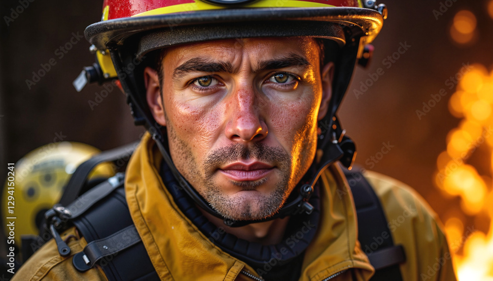 Close-up portrait of firefighter in protective gear. Close-up portrait of firefighter in protective gear.