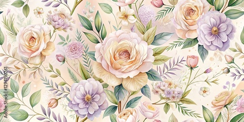 Soft Pastel Floral Pattern with Elegant Roses and Delicate Blooms