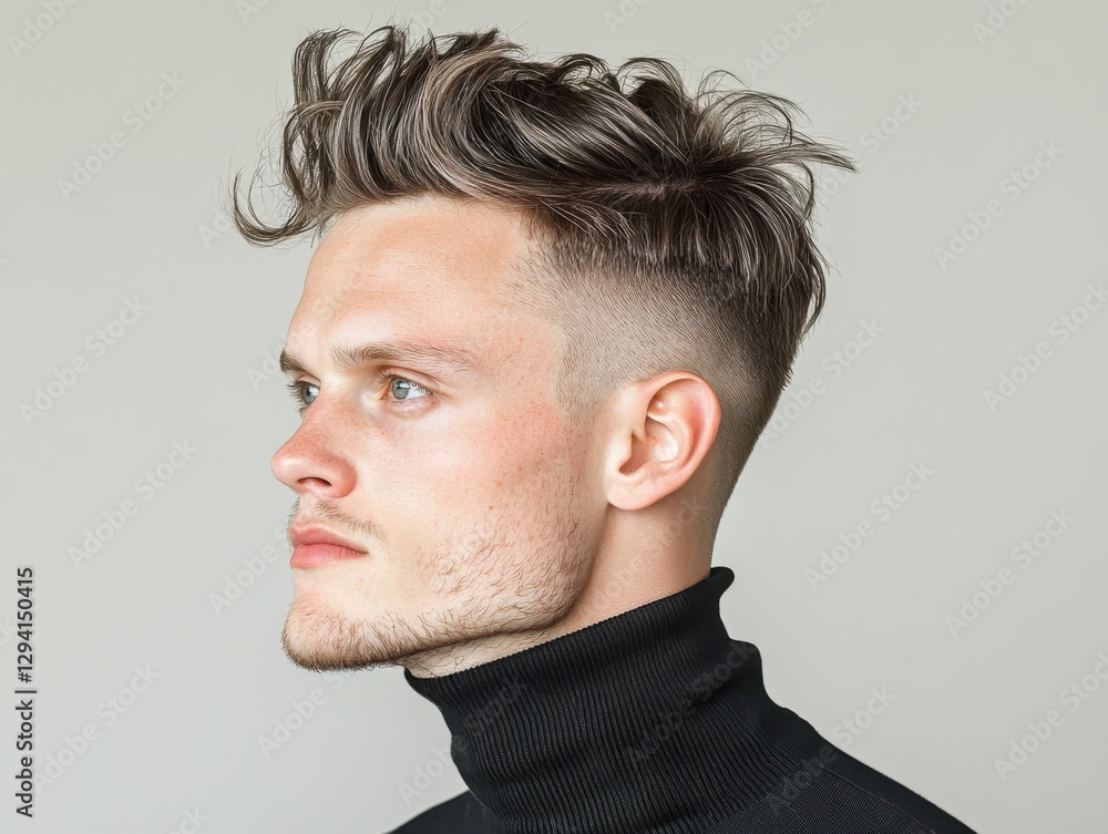 Obraz premium Discover the epitome of contemporary style with a well-styled man showcasing a neat haircut, captured in minimalist visuals that exude sophistication and modern elegance Explore the latest trends in