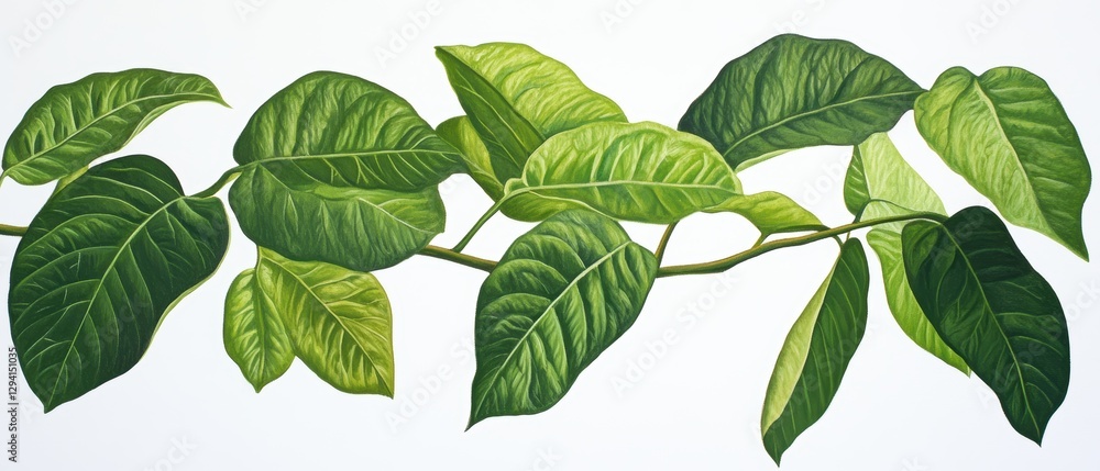 Fototapeta premium Green lush leaves on a branch with vibrant foliage showcasing natures beauty, botanical garden, plant life, eco-friendly decor, interior landscaping.